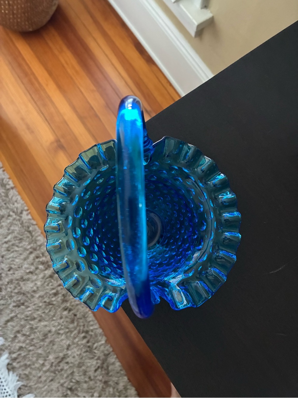 Fenton Blue Hobnail Glass Basket with Ruffled Edge - Picture 4 of 6